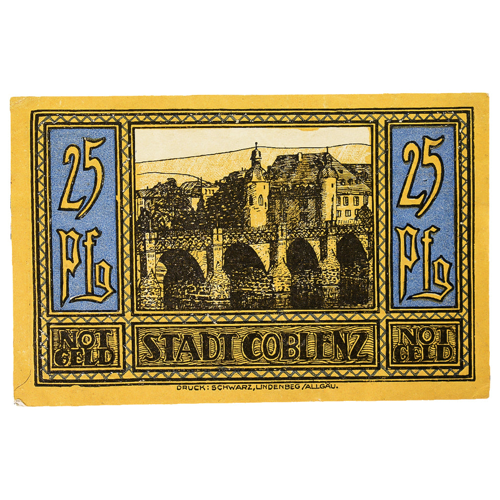 Banknot, Niemcy, Coblenz Stadt, 25 Pfennig, pont, 1921, 1921-05-01, UNC(60-62)