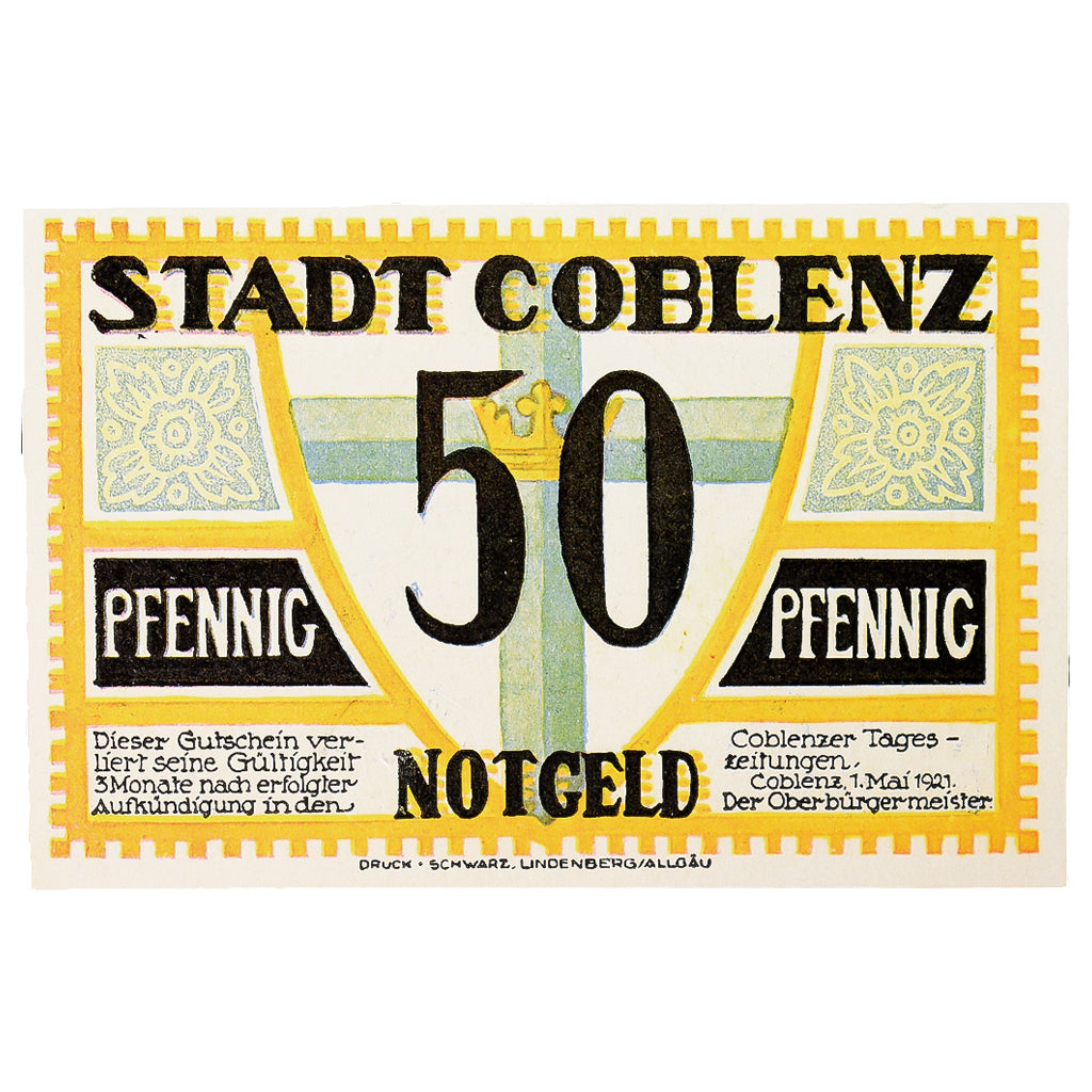 Banknot, Niemcy, Coblenz Stadt, 50 Pfennig, statue, 1921, 1921-05-01
