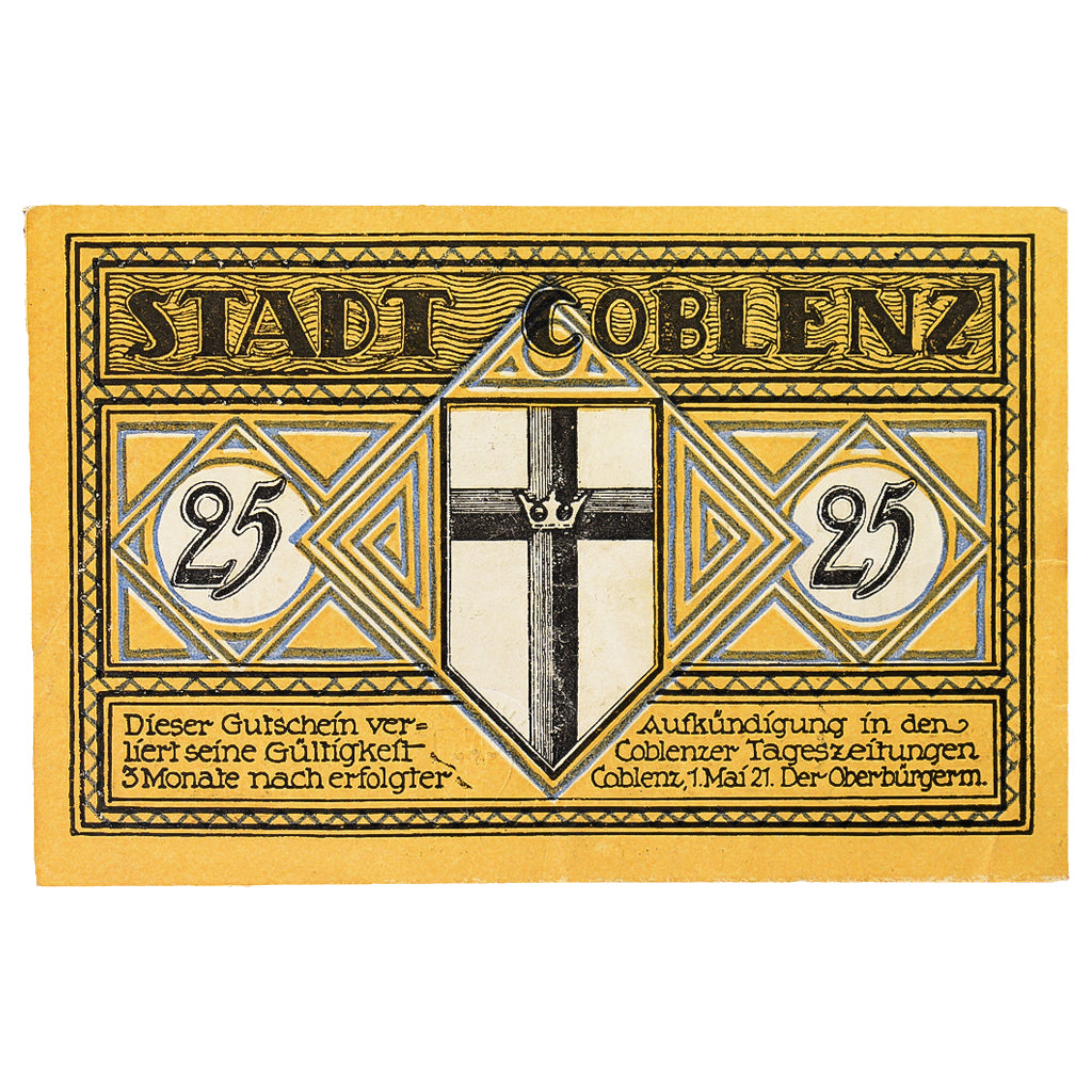 Banconote, Germania, Coblenz Stadt, 25 Pfennig, Pont 3, 1921, 1921-05-01, SPL