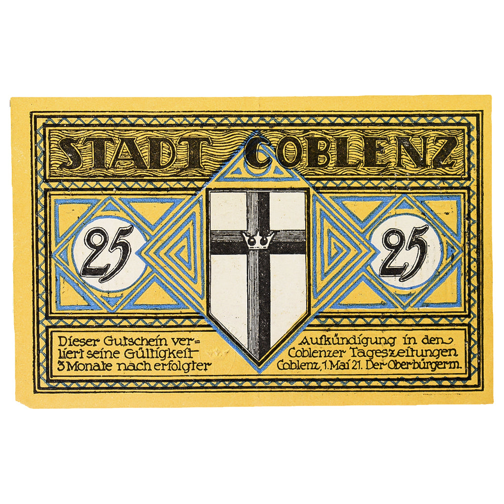 Banconote, Germania, Coblenz Stadt, 25 Pfennig, Pont 4, 1921, 1921-05-01, SPL