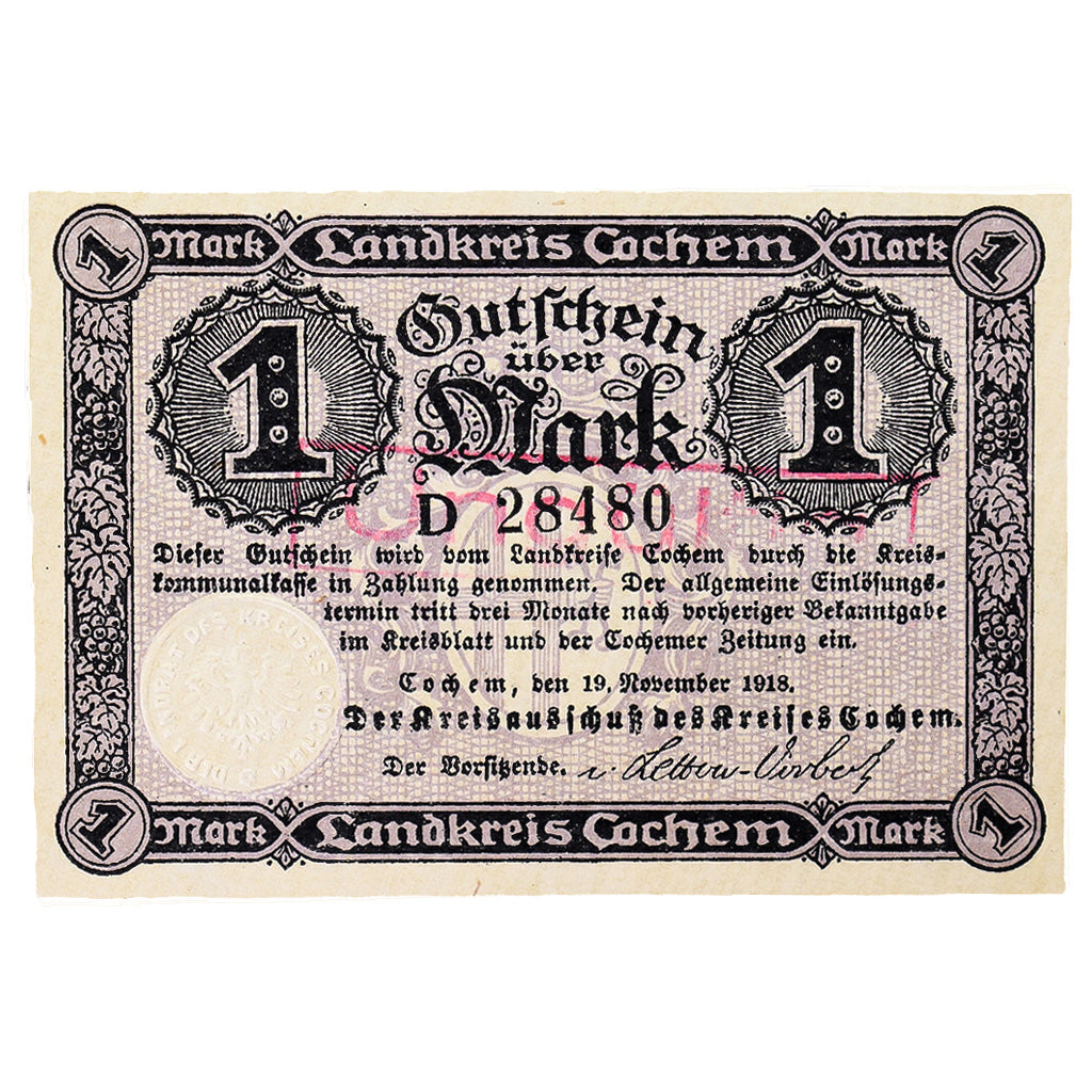 Banconote, Germania, Cochem Landkreis, 1 Mark, paysage, 1918, SPL, Mehl:083.01