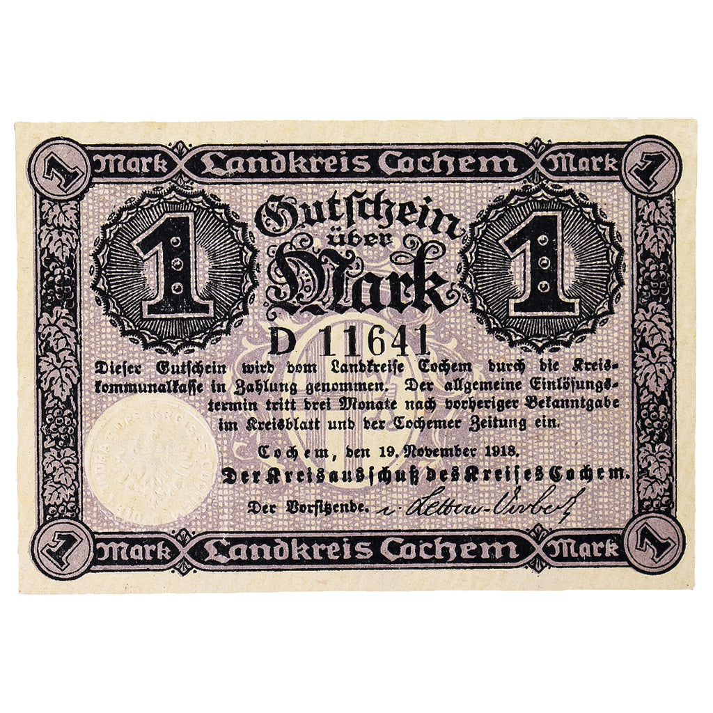 Banknot, Niemcy, Cochem Landkreis, 1 Mark, paysage 1, 1918, UNC(60-62)