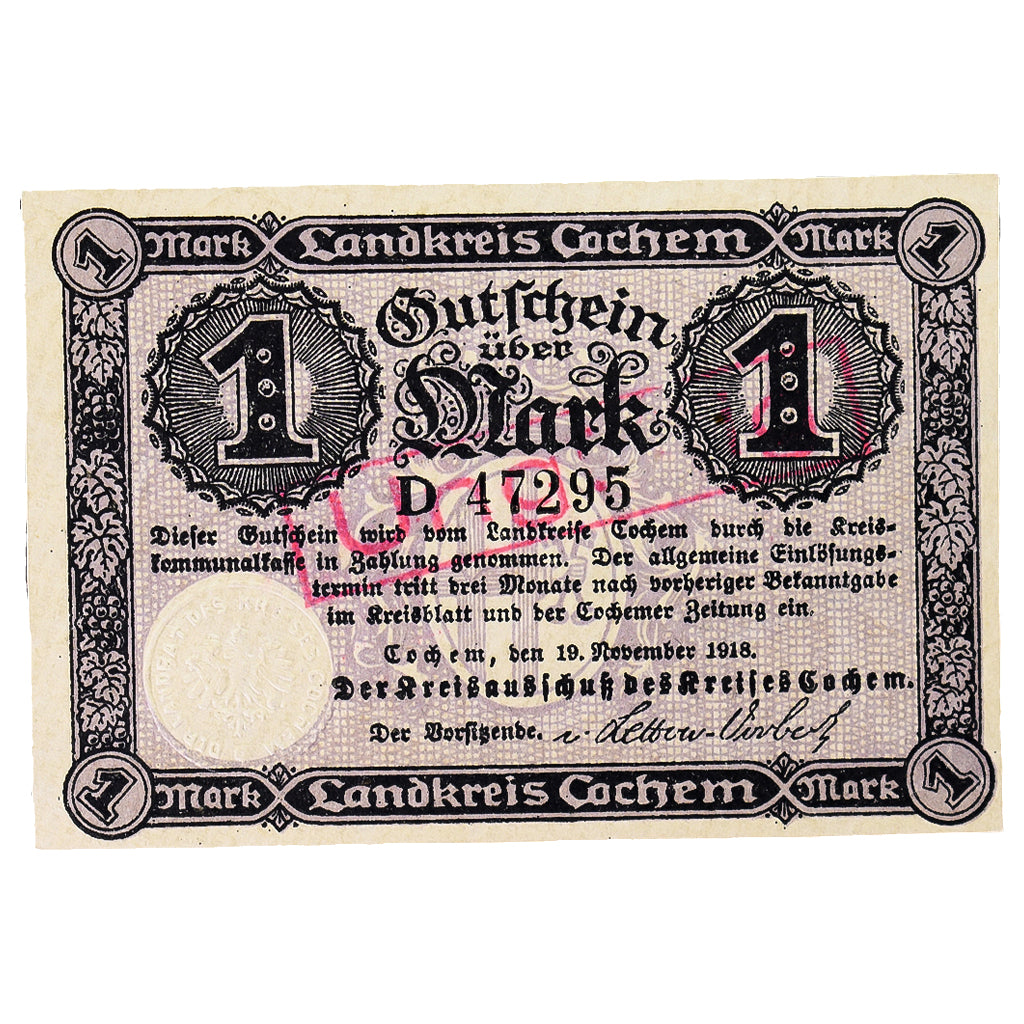 Banconote, Germania, Cochem Landkreis, 1 Mark, paysage 2, 1918, SPL, Mehl:083.01