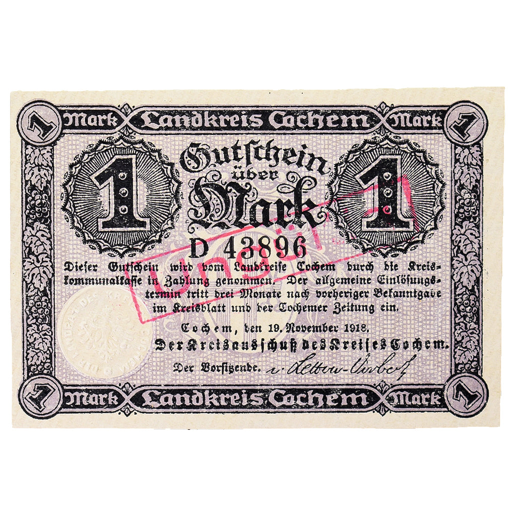 Geldschein, Deutschland, Cochem Landkreis, 1 Mark, paysage 3, 1918, VZ+
