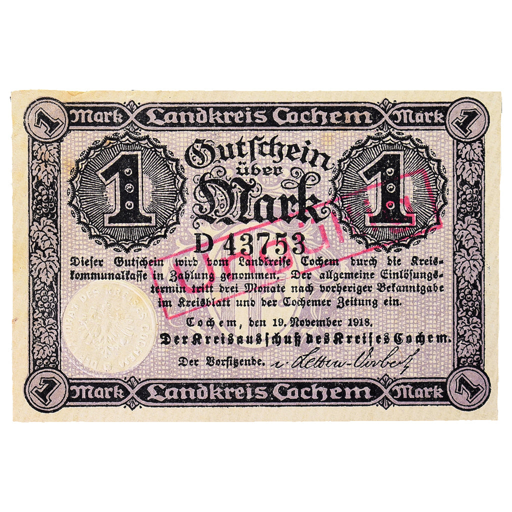 Banknot, Niemcy, Cochem Landkreis, 1 Mark, paysage 4, 1918, UNC(60-62)
