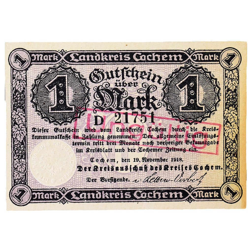 Banconote, Germania, Cochem Landkreis, 1 Mark, paysage 6, 1918, SPL, Mehl:083.01