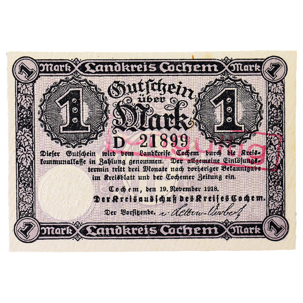 Banconote, Germania, Cochem Landkreis, 1 Mark, paysage 7, 1918, SPL, Mehl:083.01