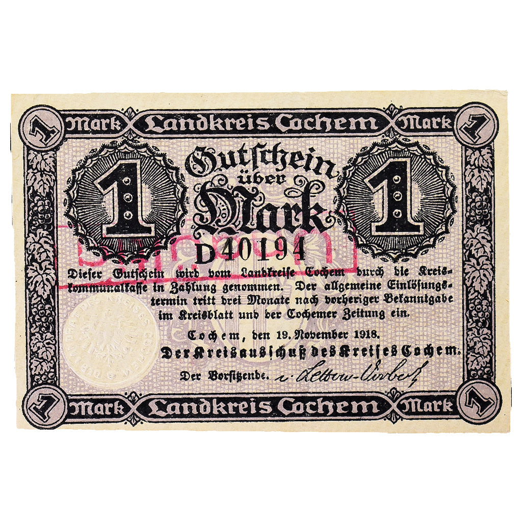 Banconote, Germania, Cochem Landkreis, 1 Mark, paysage 8, 1918, SPL, Mehl:083.01