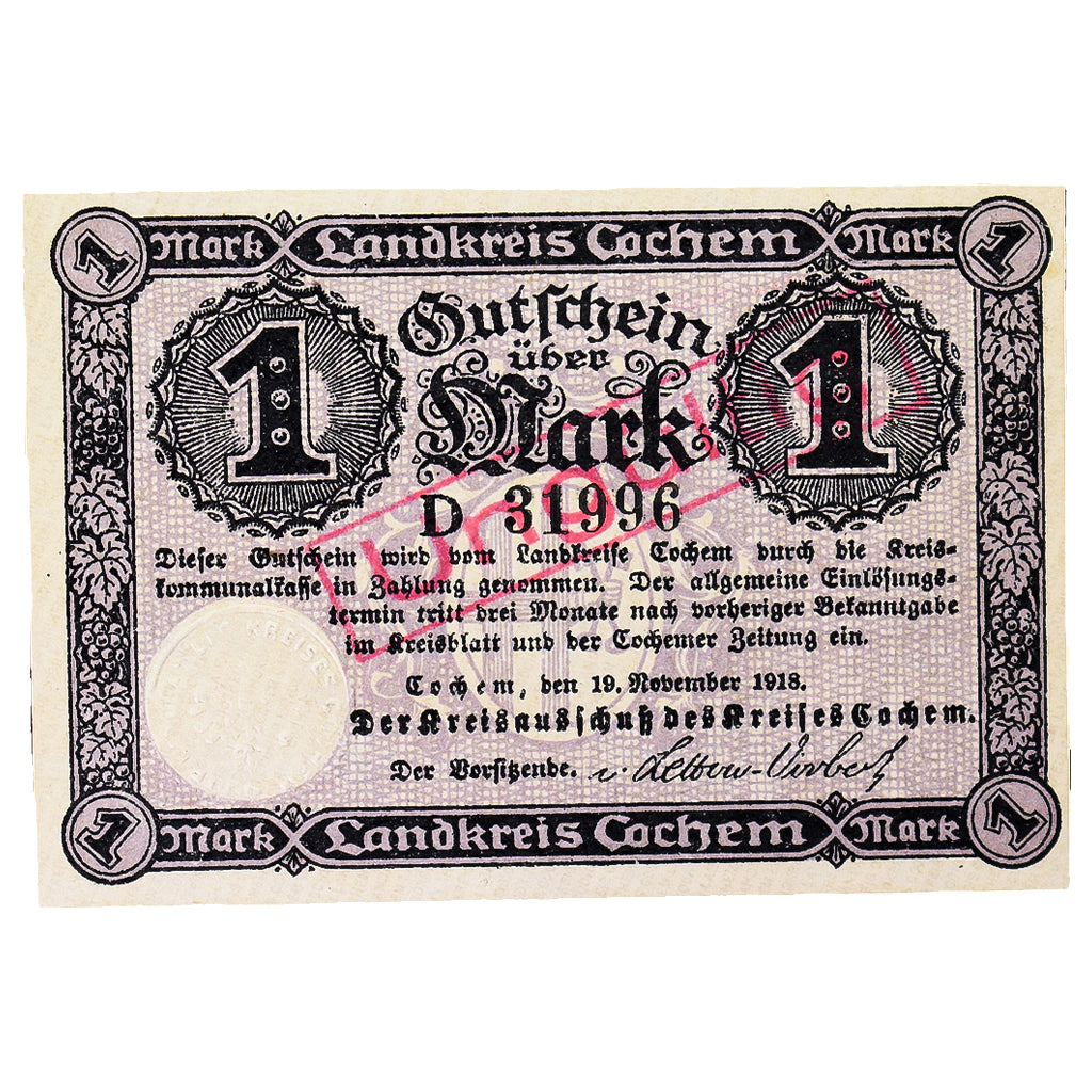 Banconote, Germania, Cochem Landkreis, 1 Mark, paysage 9, 1918, SPL, Mehl:083.01