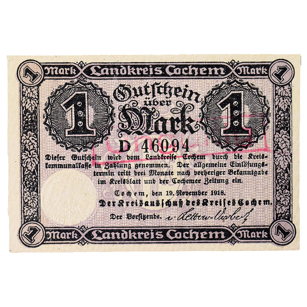Banconote, Germania, Cochem Landkreis, 1 Mark, paysage 10, 1918, SPL