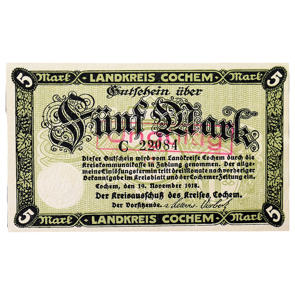 Banconote, Germania, Cochem Landkreis, 5 Mark, paysage, 1918, 1918-11-19, SPL