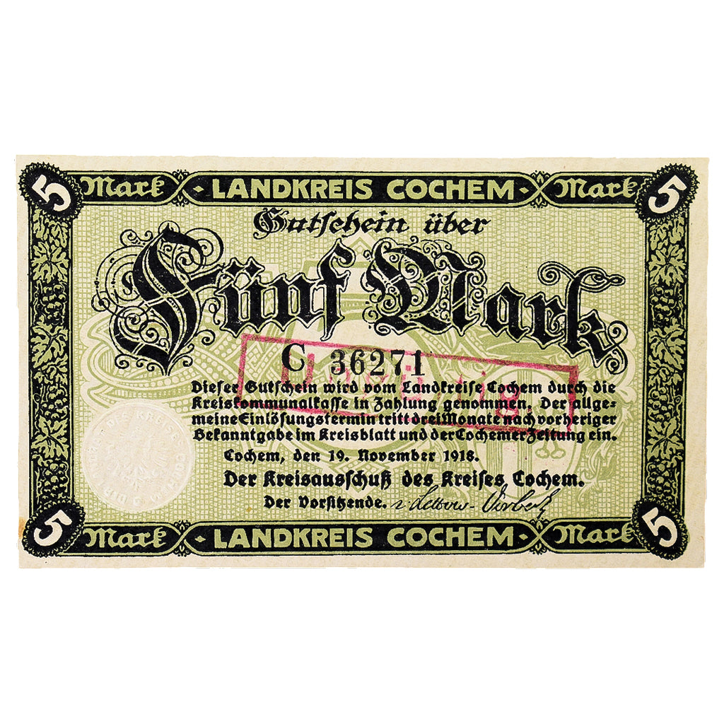 Banconote, Germania, Cochem Landkreis, 5 Mark, paysage 1, 1918, 1918-11-19, SPL