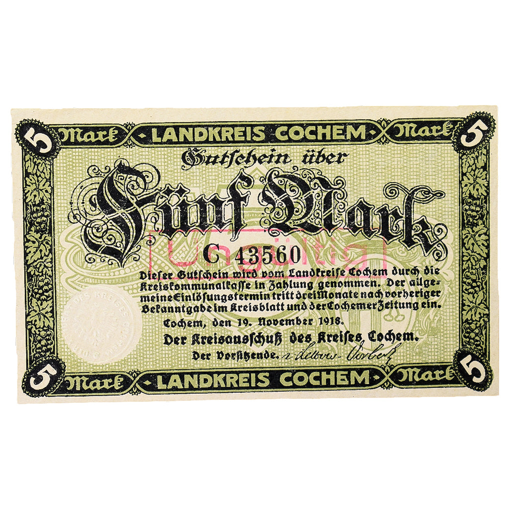 Geldschein, Deutschland, Cochem Landkreis, 5 Mark, paysage 2, 1918, 1918-11-19