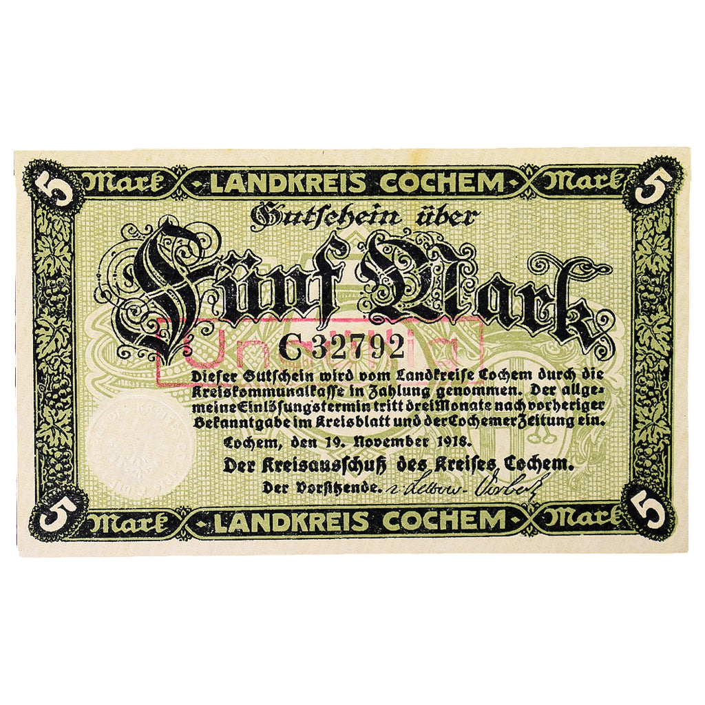 Banconote, Germania, Cochem Landkreis, 5 Mark, paysage 3, 1918, 1918-11-19, SPL