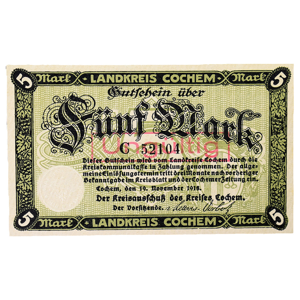 Banconote, Germania, Cochem Landkreis, 5 Mark, paysage 4, 1918, 1918-11-19, SPL