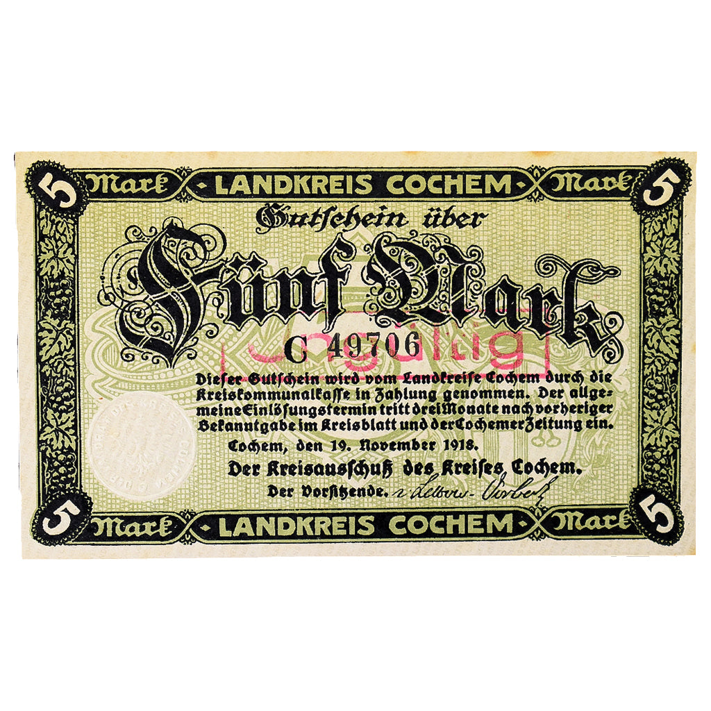 Banconote, Germania, Cochem Landkreis, 5 Mark, paysage 5, 1918, 1918-11-19, SPL