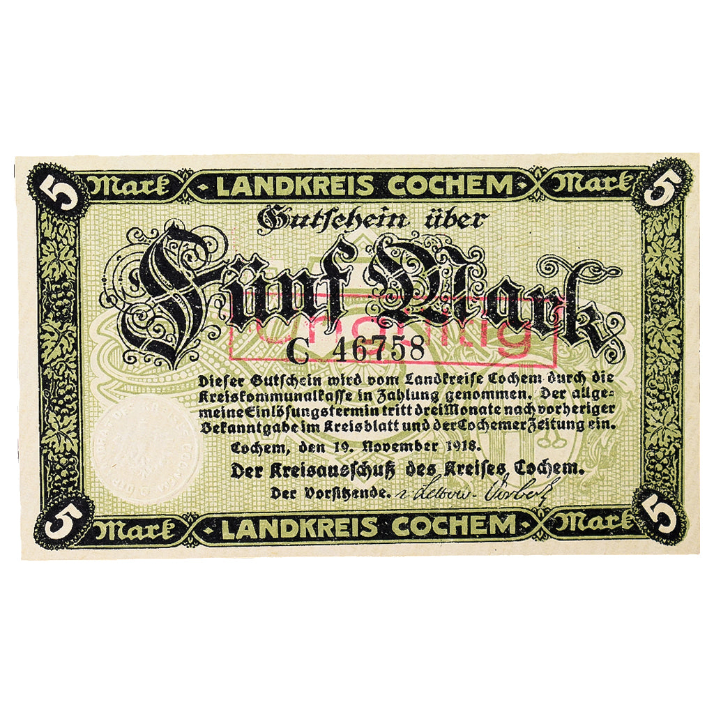 Banconote, Germania, Cochem Landkreis, 5 Mark, paysage 6, 1918, 1918-11-19, SPL