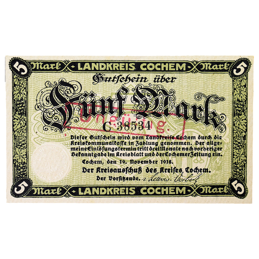 Billete, Alemania, Cochem Landkreis, 5 Mark, paysage 7, 1918, 1918-11-19, EBC+