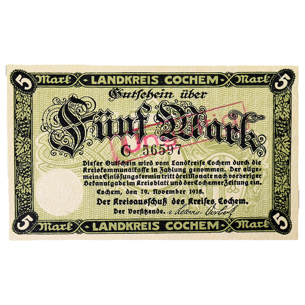 Banknot, Niemcy, Cochem Landkreis, 5 Mark, paysage 8, 1918, 1918-11-19