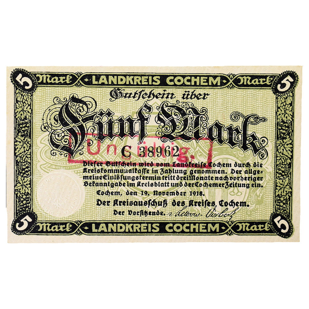 Banconote, Germania, Cochem Landkreis, 5 Mark, paysage 9, 1918, 1918-11-19, SPL