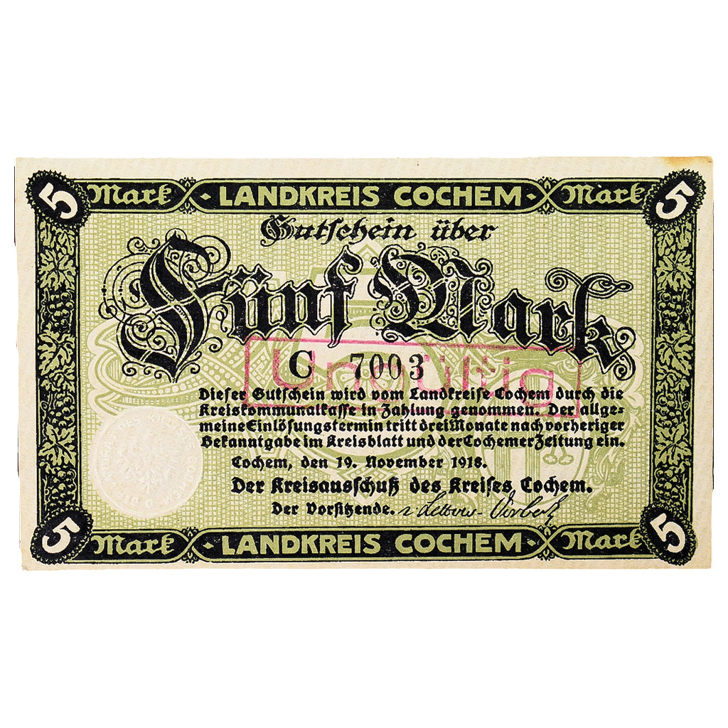 Banconote, Germania, Cochem Landkreis, 5 Mark, paysage 10, 1918, 1918-11-19