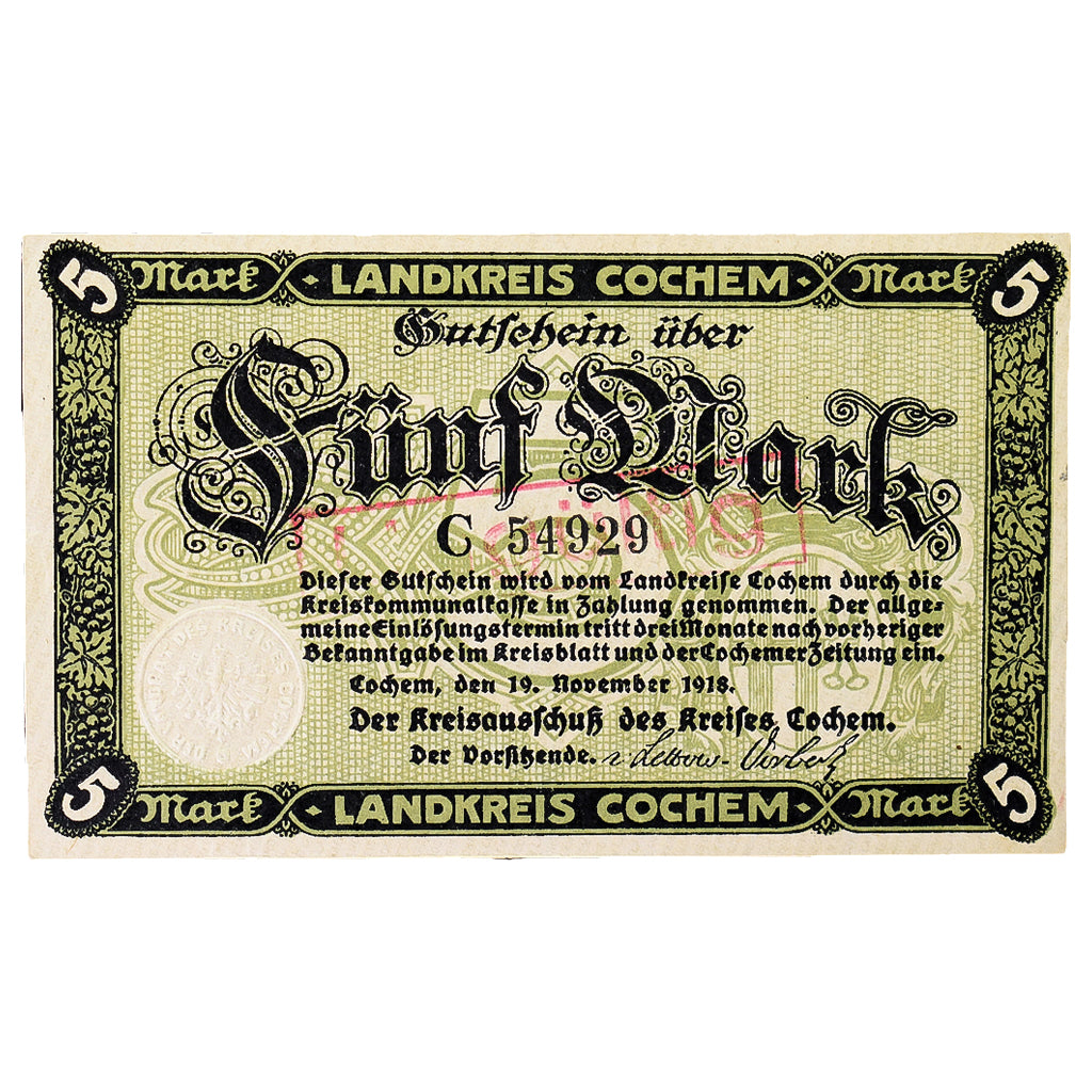 Banconote, Germania, Cochem Landkreis, 5 Mark, paysage 11, 1918, 1918-11-19