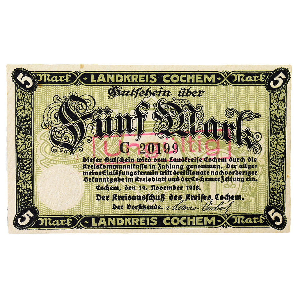 Banconote, Germania, Cochem Landkreis, 5 Mark, paysage 13, 1918, 1918-11-19