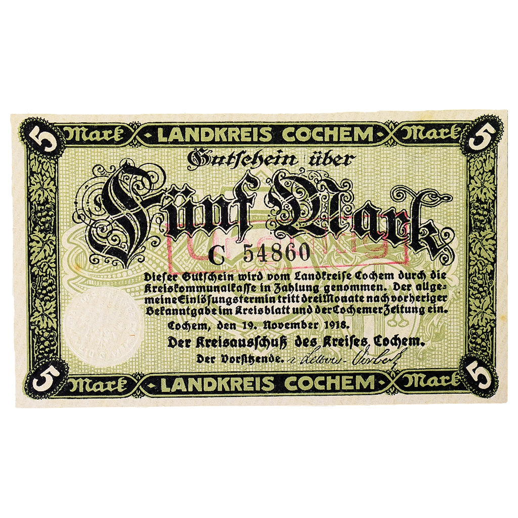 Geldschein, Deutschland, Cochem Landkreis, 5 Mark, paysage 14, 1918, 1918-11-19