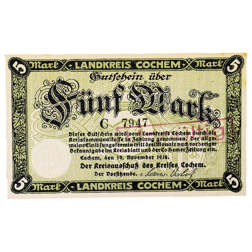 Geldschein, Deutschland, Cochem Landkreis, 5 Mark, paysage 15, 1918, 1918-11-19