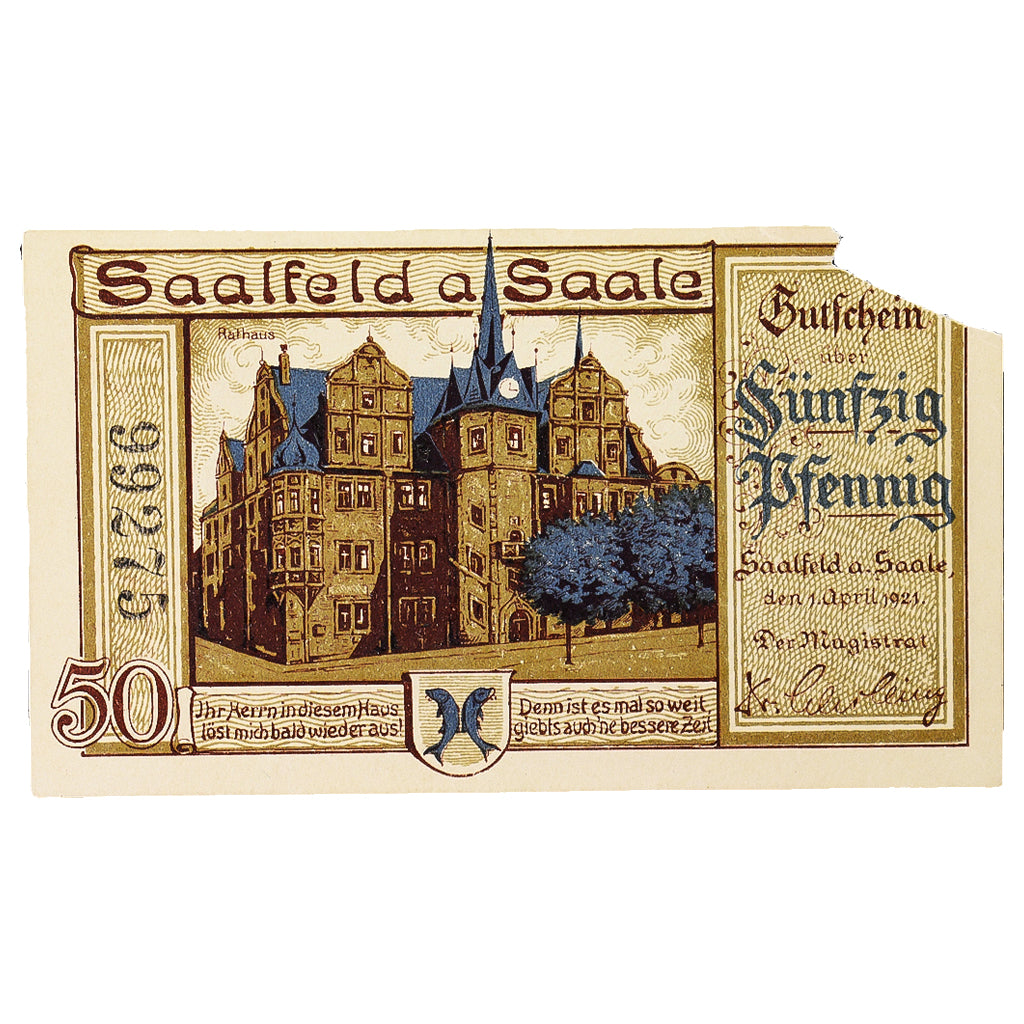 Geldschein, Deutschland, Saalfeld, 50 Pfennig, château, 1921, 1921-04-01, SS+