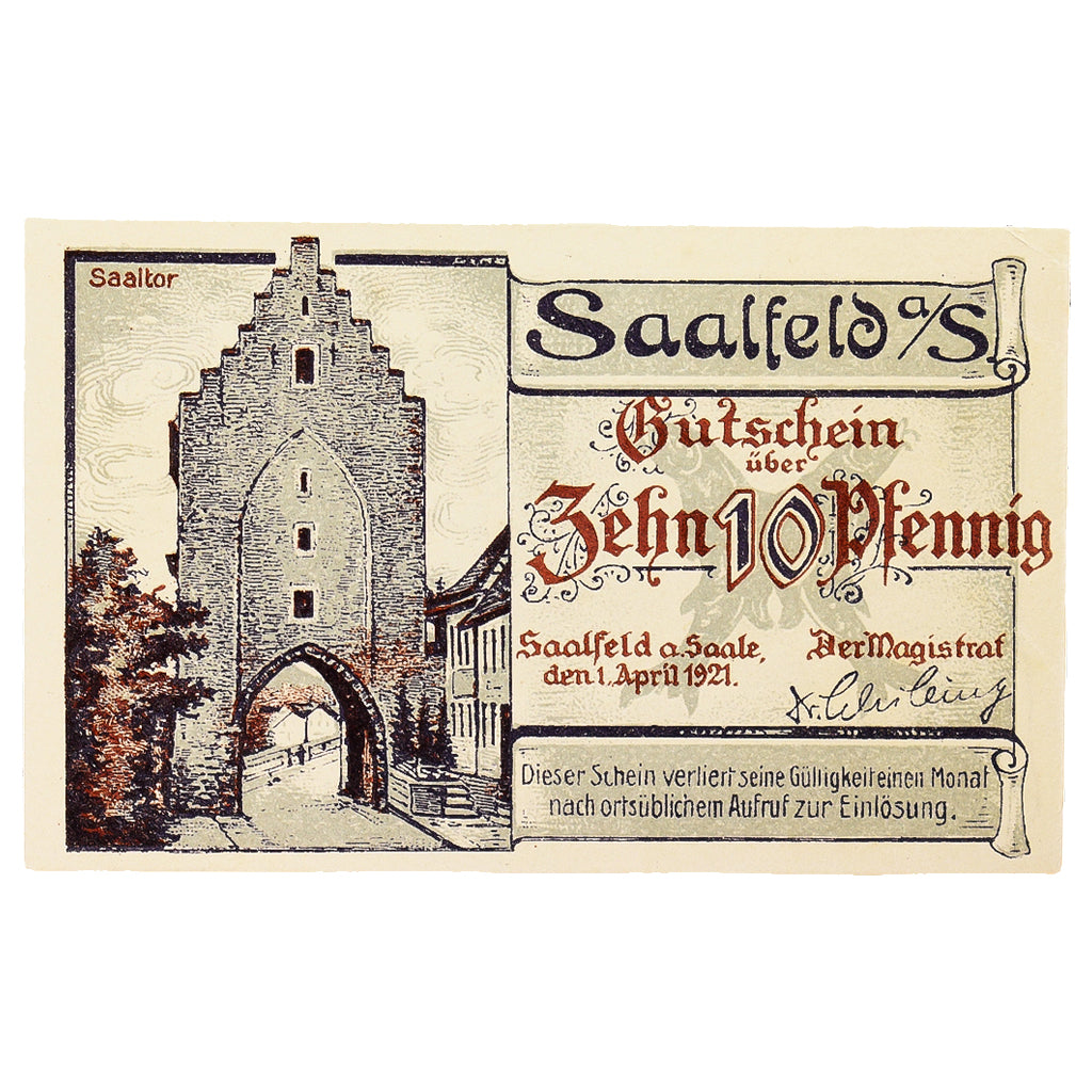 Geldschein, Deutschland, Saalfeld, 10 Pfennig, château, 1921, 1921-04-01, VZ+