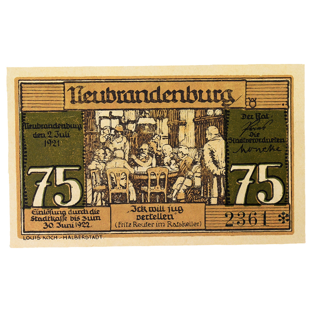 Banconote, Germania, Neubrandenburg Stadt, 75 Pfennig, personnage, 1921