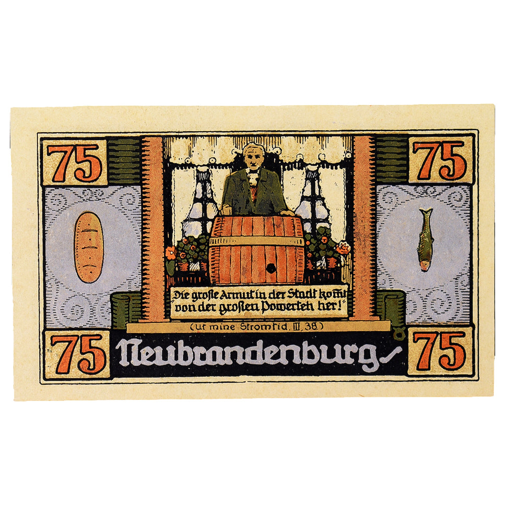 Banconote, Germania, Neubrandenburg Stadt, 75 Pfennig, personnage, 1921