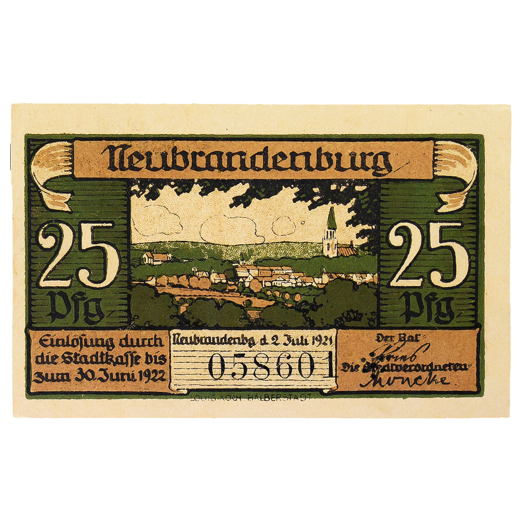 Geldschein, Deutschland, Neubrandenburg Stadt, 25 Pfennig, paysage 6, 1921
