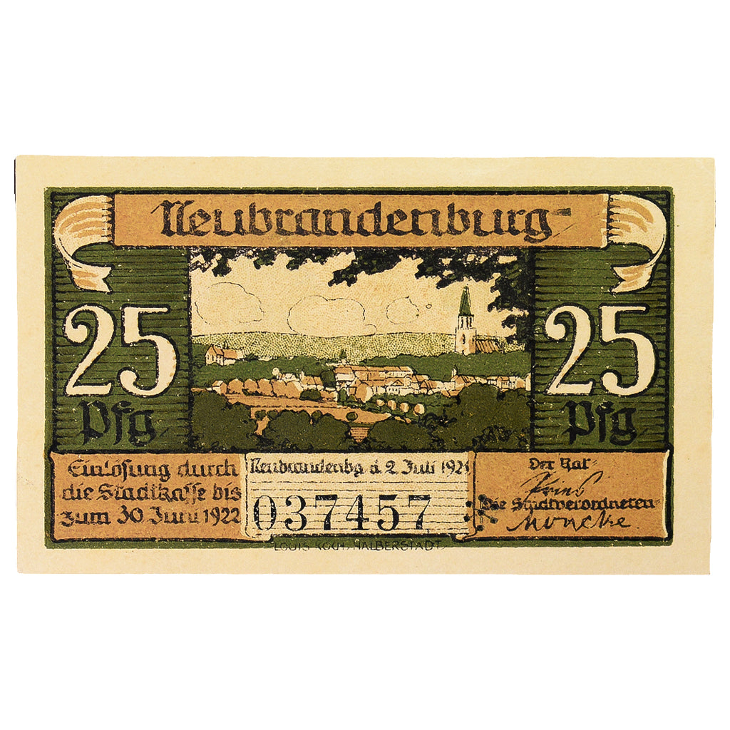 Banconote, Germania, Neubrandenburg Stadt, 25 Pfennig, paysage, 1921