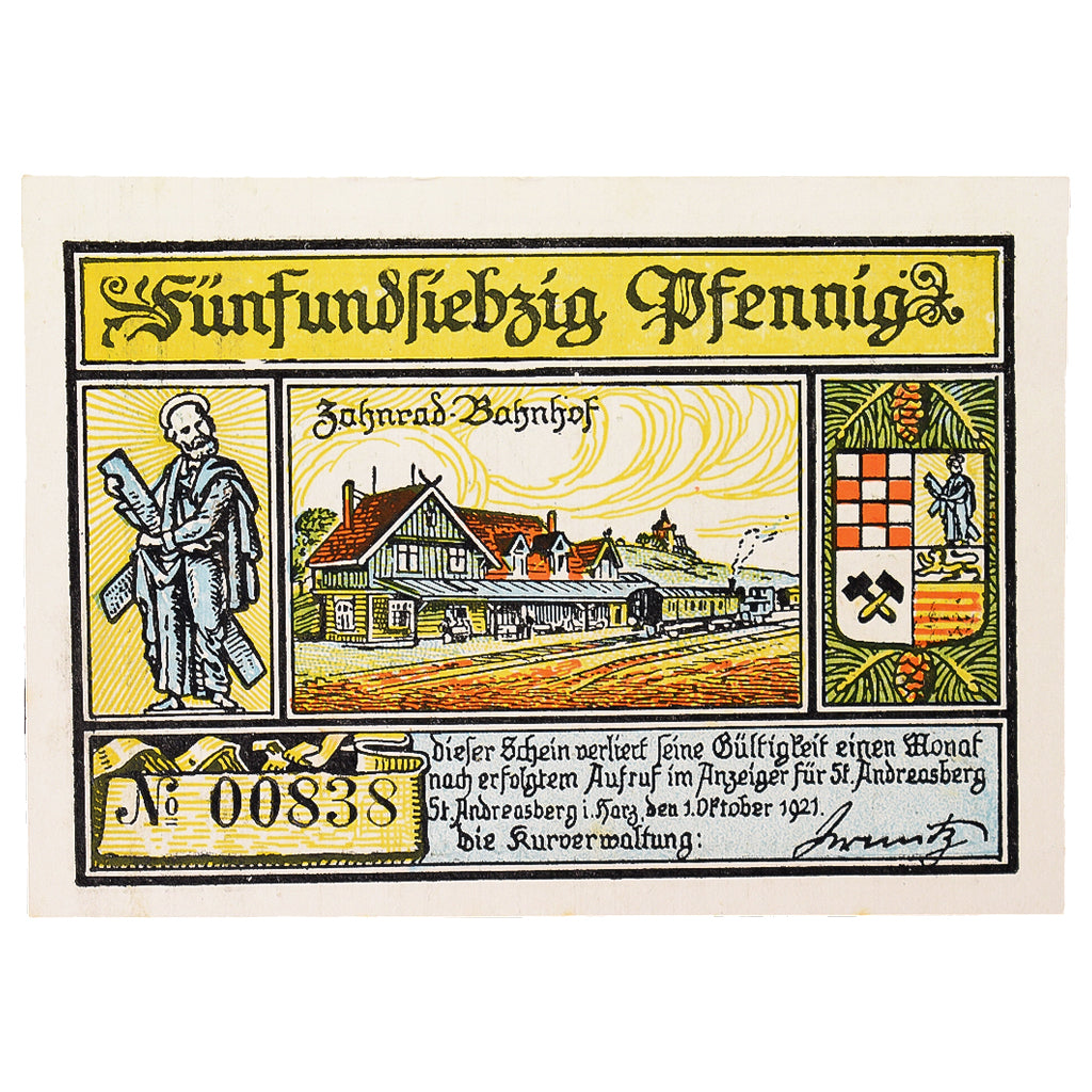 Banconote, Germania, St Andreasberg, 75 Pfennig, ski 2, 1921, 1921-10-01, FDS