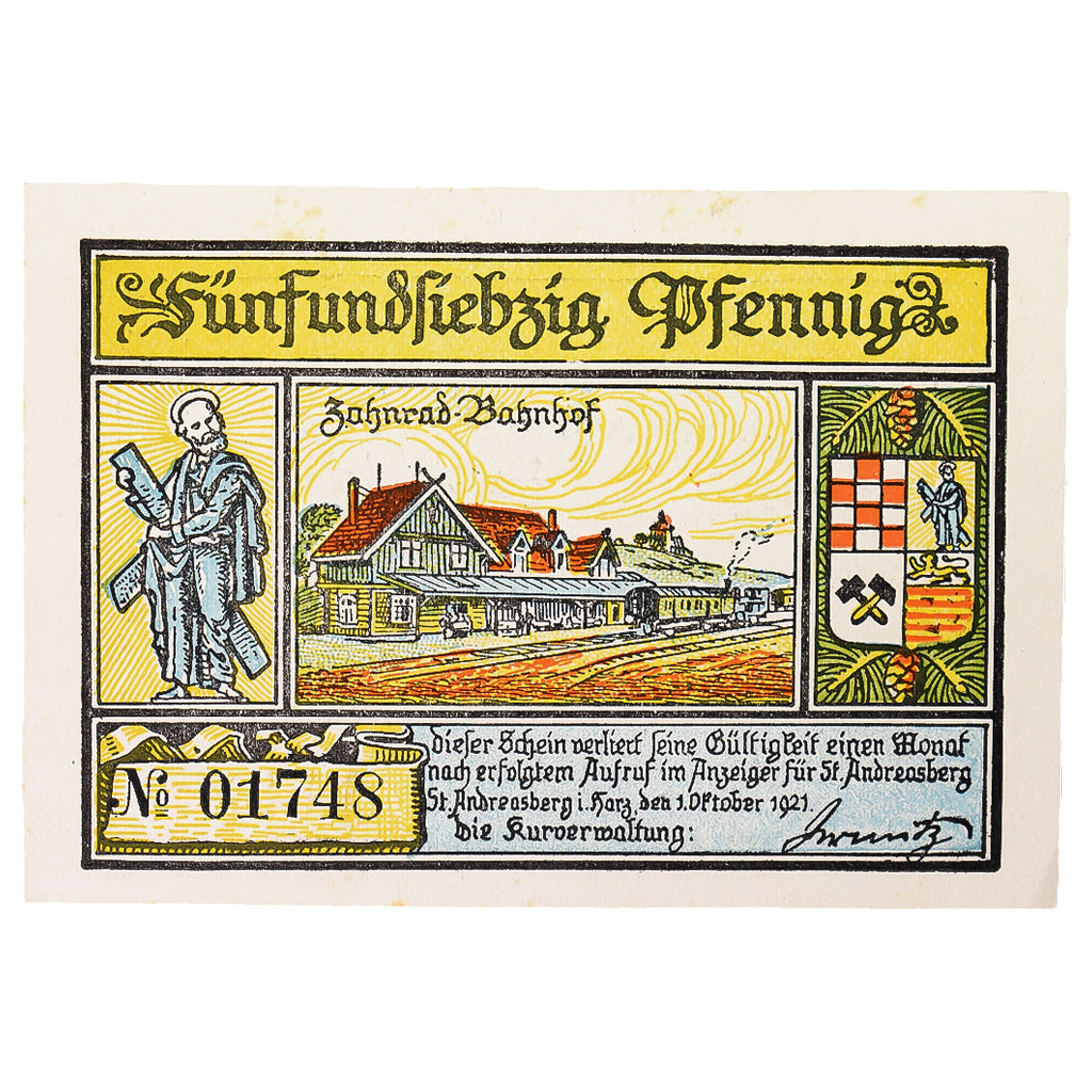 Banconote, Germania, St Andreasberg, 75 Pfennig, ski 3, 1921, 1921-10-01, FDS