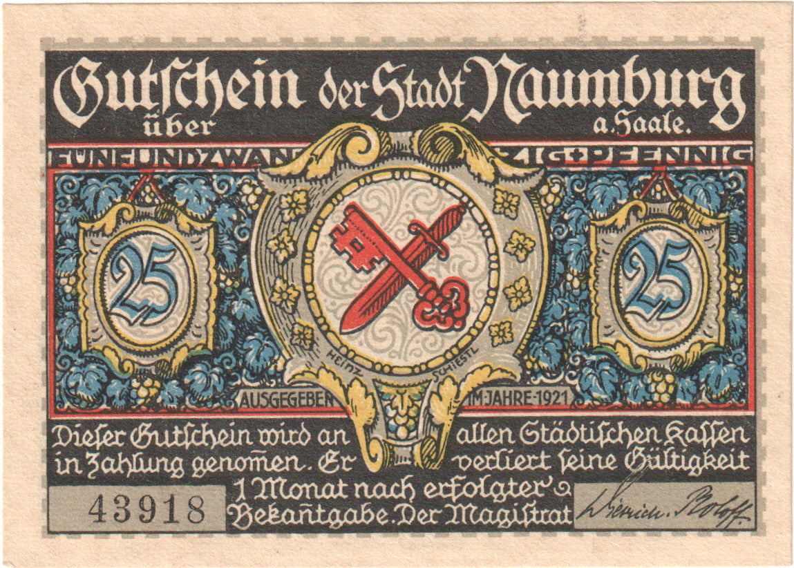 Banconote, Germania, Naumburg a.S. Stadt, 25 Pfennig, batiment 1, 1921, FDS