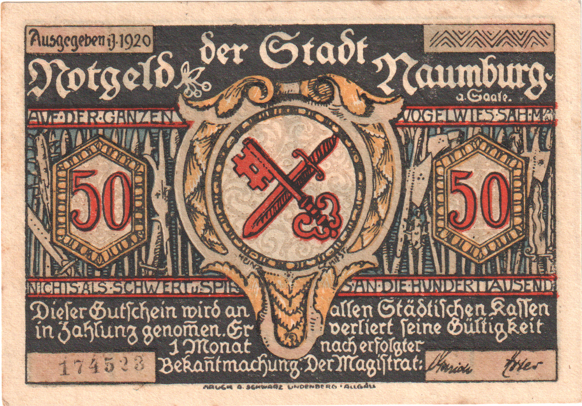 Banknot, Niemcy, Naumburg, 50 Pfennig, personnage, 1920, UNC(60-62), Mehl:928.2a