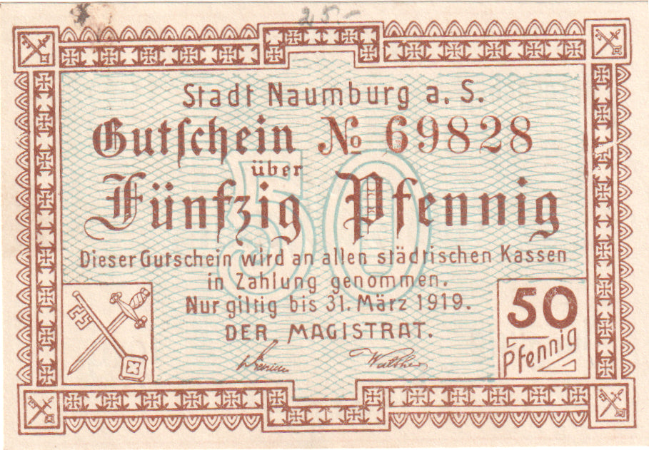Geldschein, Deutschland, Naumburg a.S. Stadt, 50 Pfennig, valeur faciale, 1919