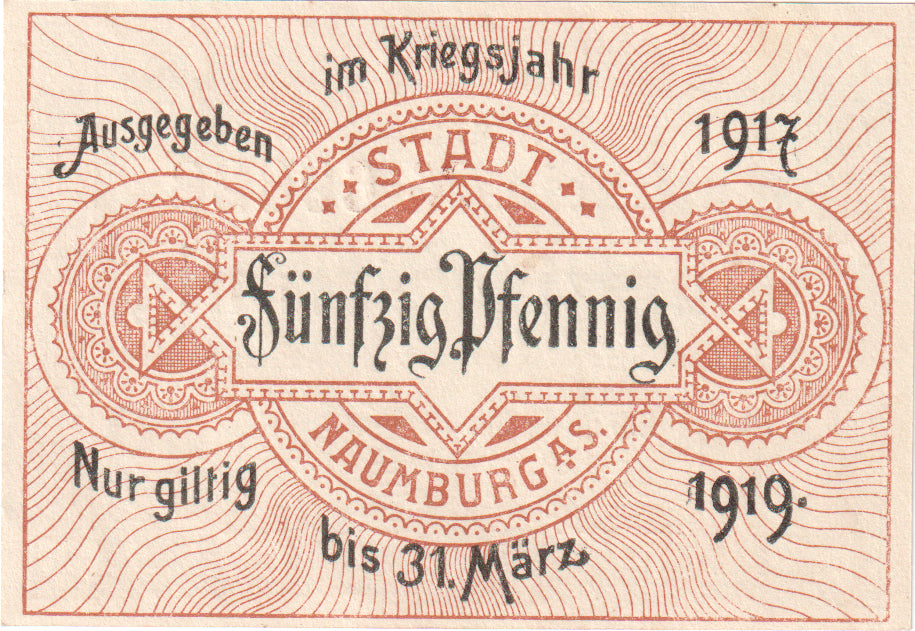 Geldschein, Deutschland, Naumburg a.S. Stadt, 50 Pfennig, valeur faciale, 1919