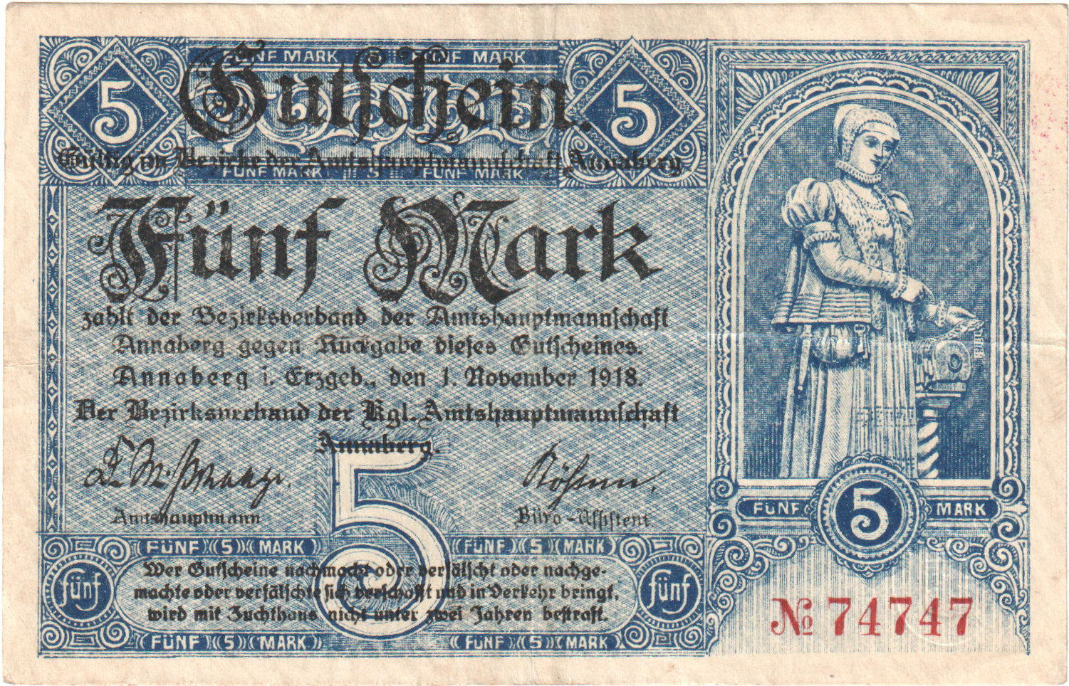 Niemcy, Annaberg Amtshauptmannschaft, 5 Mark, 1918-11-01, AU(55-58)