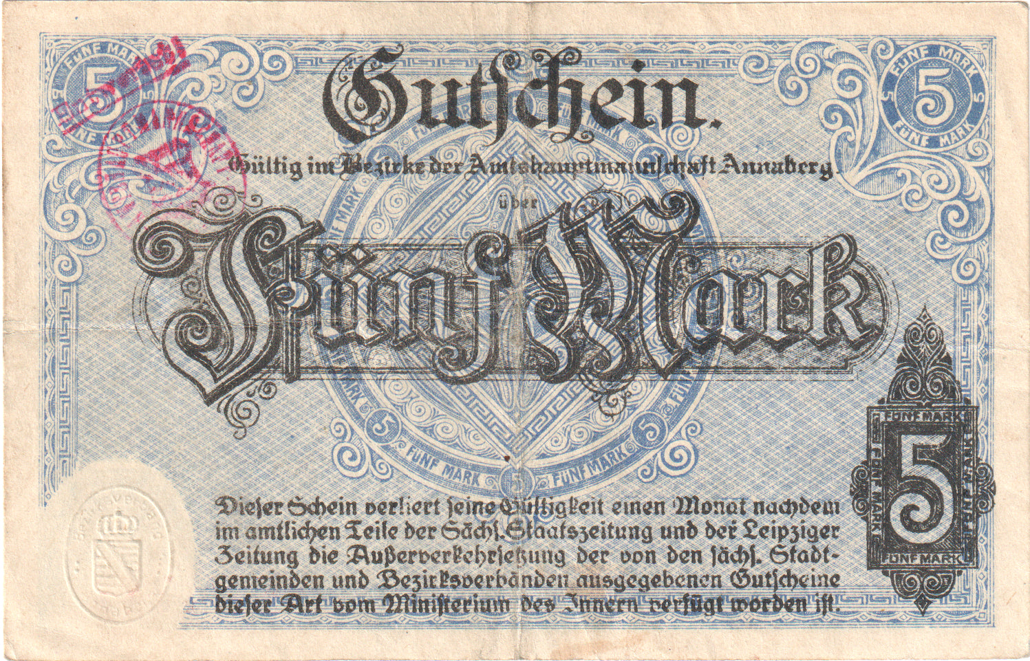 Niemcy, Annaberg Amtshauptmannschaft, 5 Mark, 1918-11-01, AU(55-58)