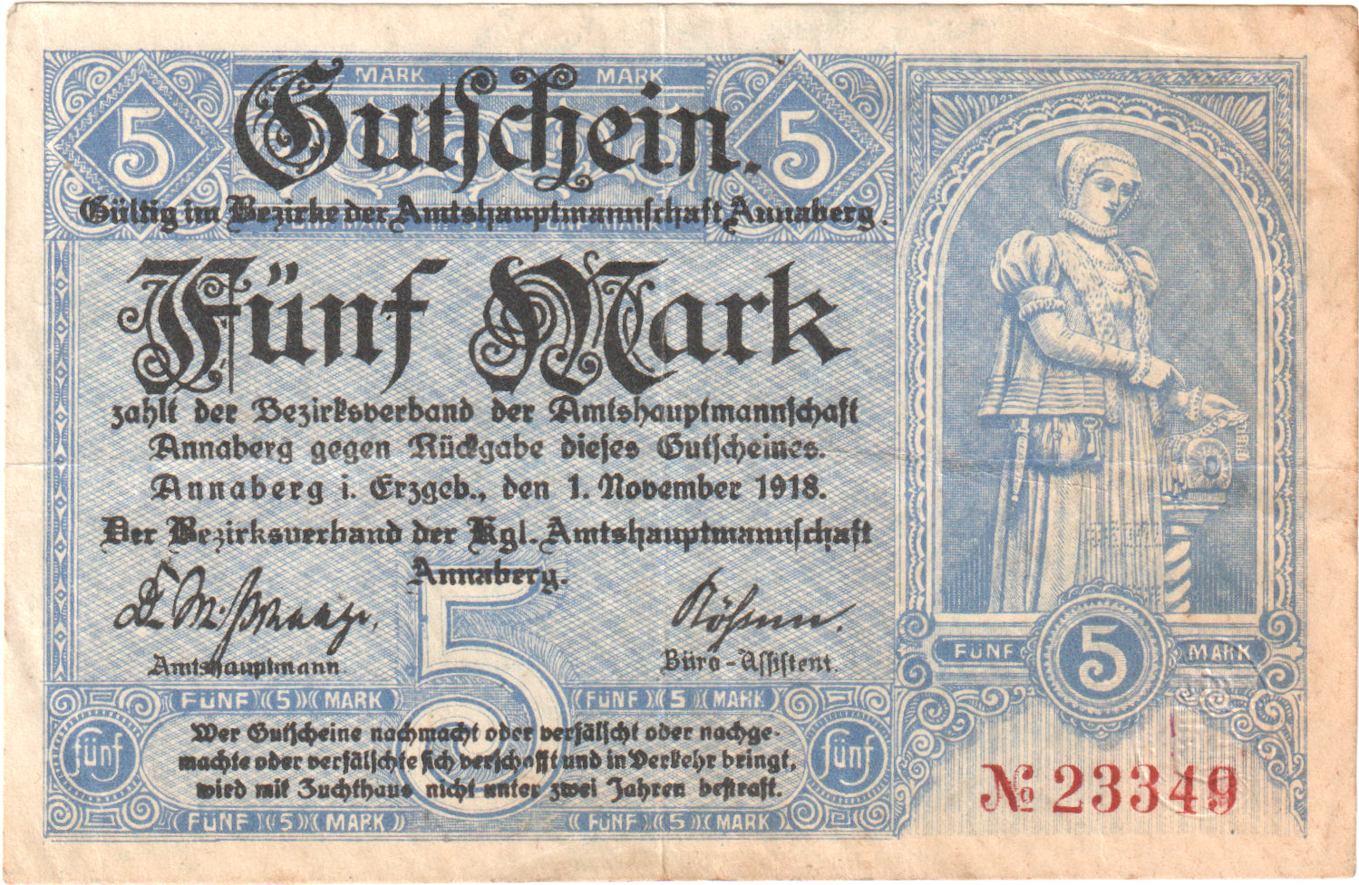 Deutschland, Annaberg Amtshauptmannschaft, 5 Mark, 1918-11-01, VZ