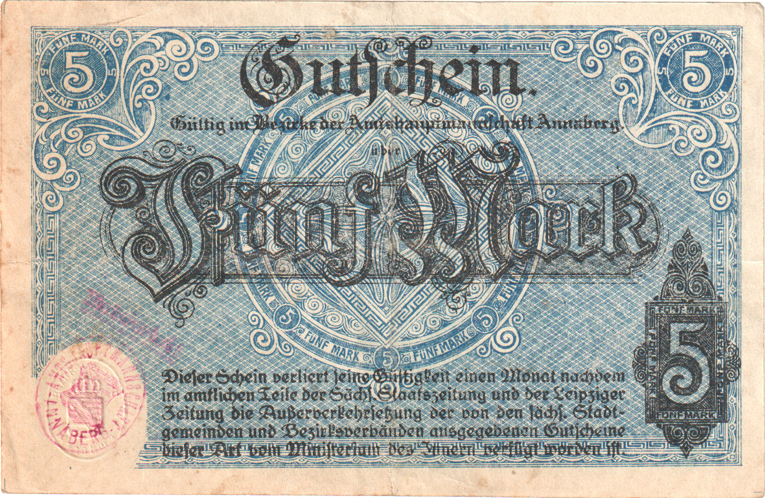 Deutschland, Annaberg Amtshauptmannschaft, 5 Mark, 1918-11-01, VZ