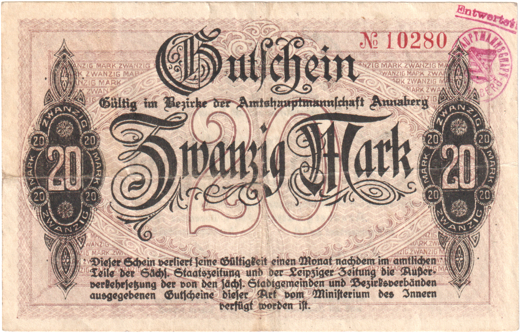 Deutschland, Annaberg Amtshauptmannschaft, 20 Mark, 1918-11-01, VZ+
