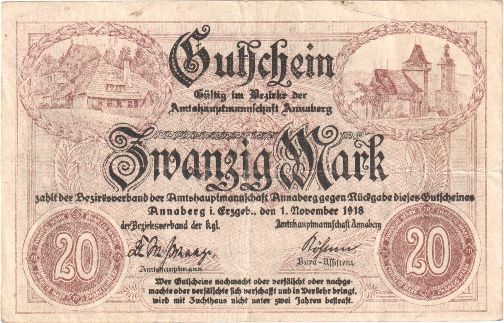 Deutschland, Annaberg Amtshauptmannschaft, 20 Mark, 1918-11-01, VZ+