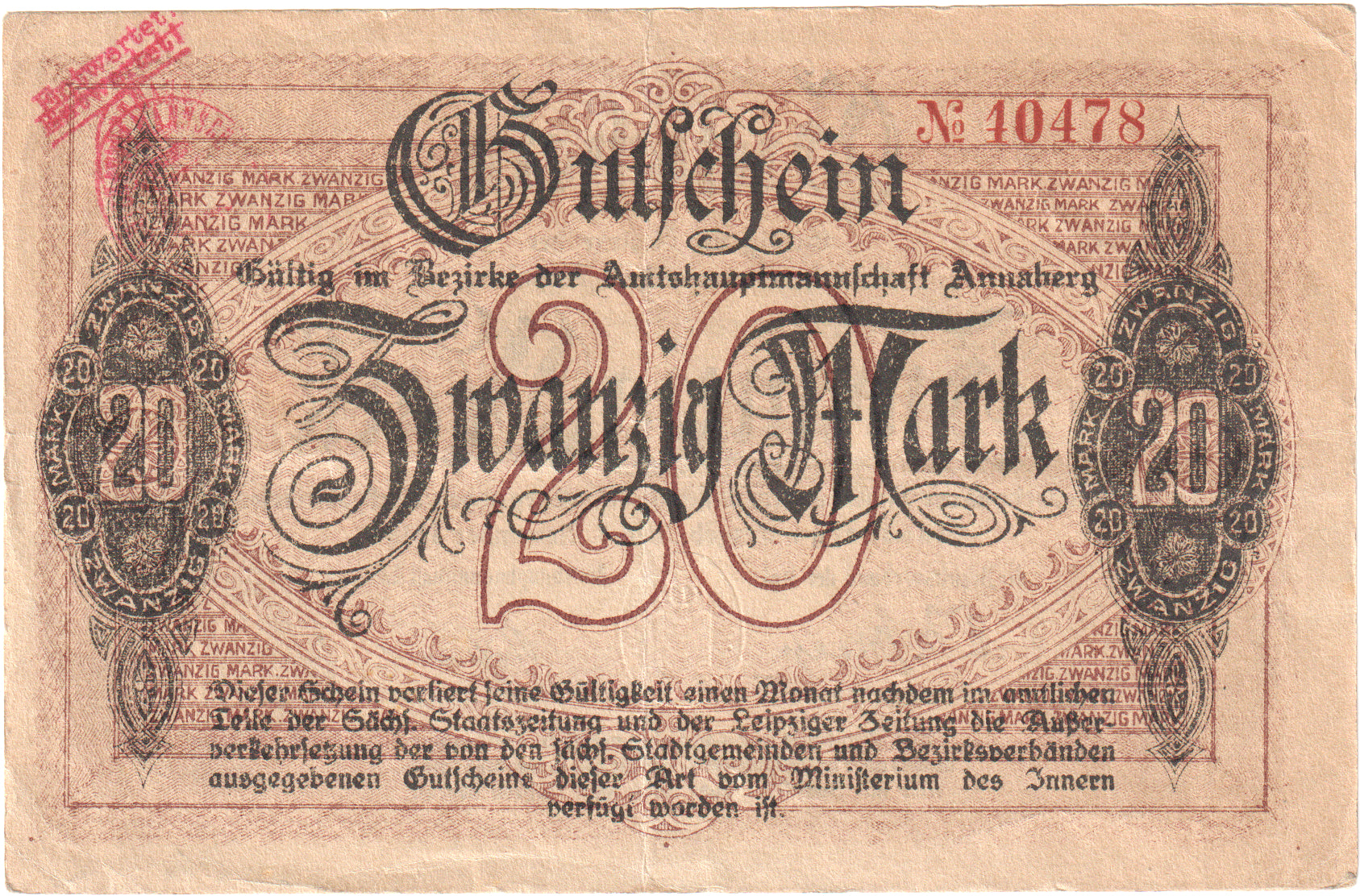 Germania, Annaberg Amtshauptmannschaft, 20 Mark, 1918-11-01, SPL