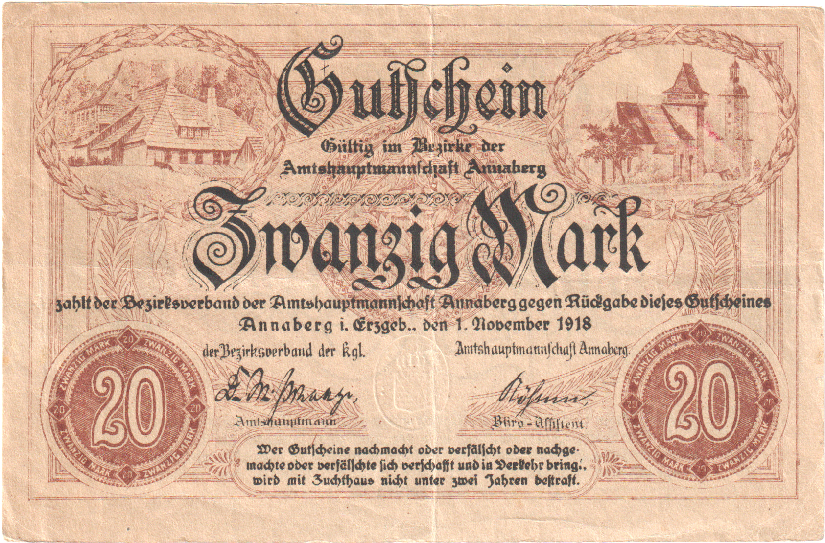 Germania, Annaberg Amtshauptmannschaft, 20 Mark, 1918-11-01, SPL