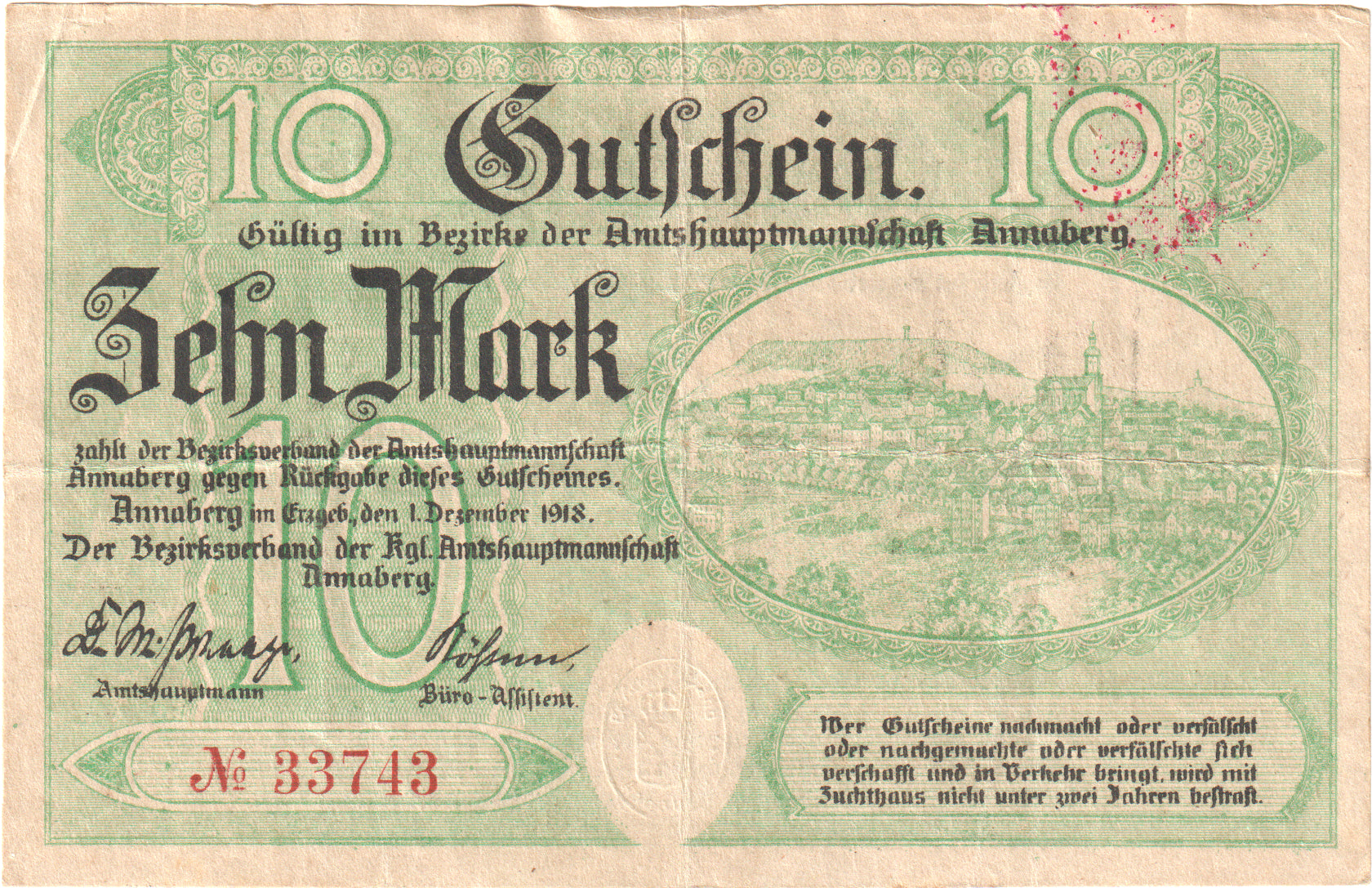 Niemcy, Annaberg Amtshauptmannschaft, 10 Mark, 1918-11-01, UNC(60-62)